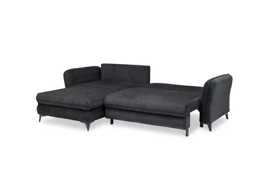 Ecksofa - Longchair links mit 2-Sitzer, Schlaffunktion mit Bettkasten, Stoff, Schwarz