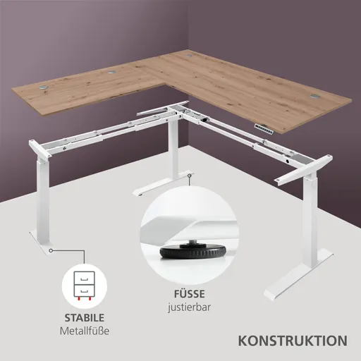Winkelschreibtisch - höhenverstellbar, LB ca. 185x177 cm, Artisan Eiche Nachbildung, Weiß