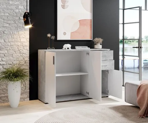 Kommode - B ca. 120 cm, Betonoptik, Weiß