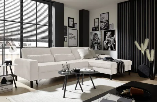 Ecksofa CALM MOVE 2.0 - 2,5-Sitzer mit Longchair rechts, Schlaffunktion, Feincord, Weiß