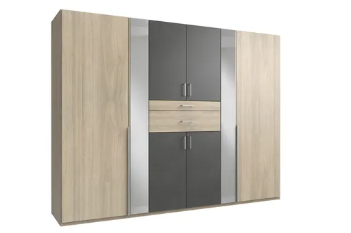 Drehtürenschrank- B ca. 270 cm, Eiche Dekor, Grau, Spiegel
