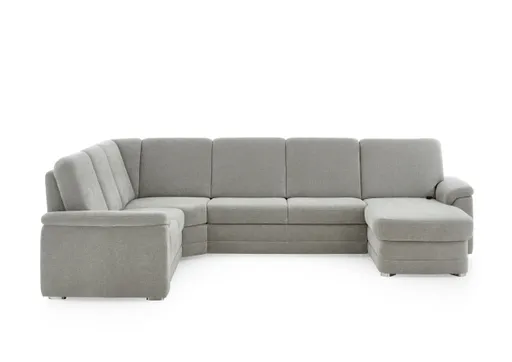 Wohnlandschaft  - Ecke links mit 2,5-Sitzer und Longchair rechts, Stoff Alufarben