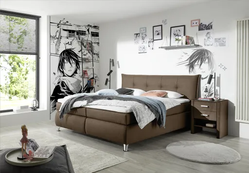 Boxspringbett HAROA- Liegefläche ca. 180x200 cm, Stoff, Hellbraun, inkl. Topper