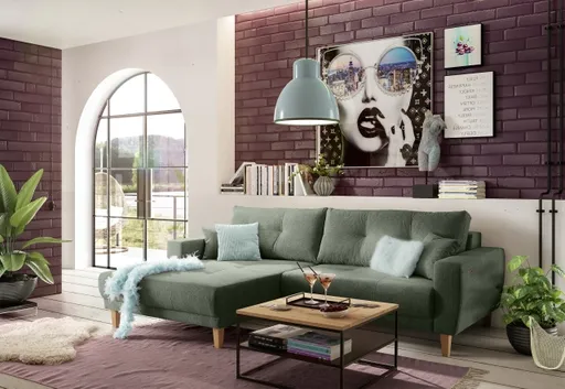 Ecksofa - Ecke links, 3-Sitzer inkl. elektrische Sitztiefenverstellung, Stoff, Schlammgrün