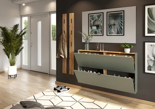 Schuhschrank GIANNA - B ca. 140 cm, Taupegrün, Navarra Eiche Nachbildung