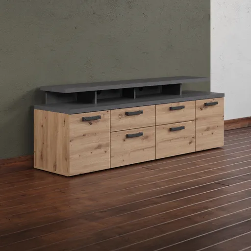 TV-Lowboard- Eiche Dekor, Dunkelgrau