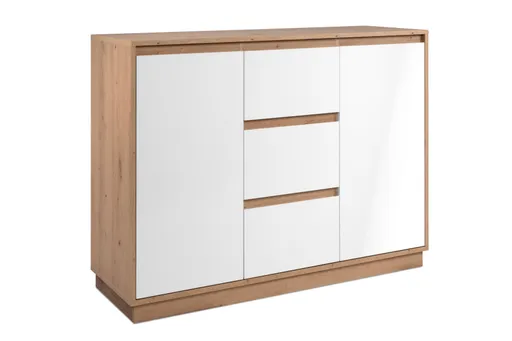 Kommode - B ca. 117 cm, Artisan Eiche Nachbildung, Weiß Hochglanz