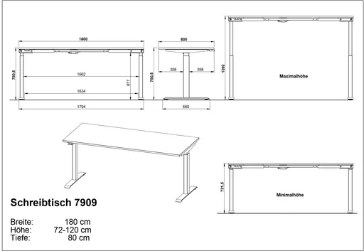 Schreibtisch GELI - höhenverstellbar, LB ca. 180x80 cm, Kaschmir, Schwarz