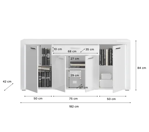 Sideboard - mit Beleuchtung, B ca. 182 cm, Weiß, Weiß Hochglanz