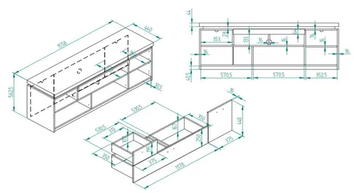 TV-Lowboard - mit Beleuchtung, B ca. 156 cm, Salbeigrün, Eiche Evoke Nachbildung