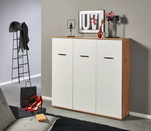 Schuhschrank - B ca. 135 cm, Artisan Eiche Nachbildung, Weiß