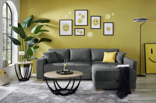Ecksofa Jyte - 2-Sitzer mit Ecke rechts, Schlaffunktion mit Bettkasten, Stoff, Dunkelgrau