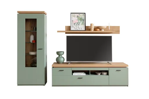 TV-Lowboard - mit Beleuchtung, B ca. 195 cm, Salbeigrün, Eiche Evoke Nachbildung