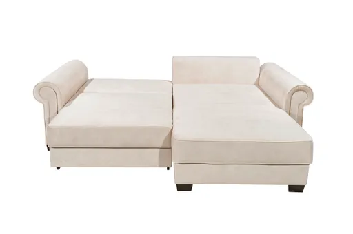 Ecksofa  - Sofa 2-Sitzer mit Longchair rechts, Schlaffunktion mit Bettkasten, Stoff, Creme