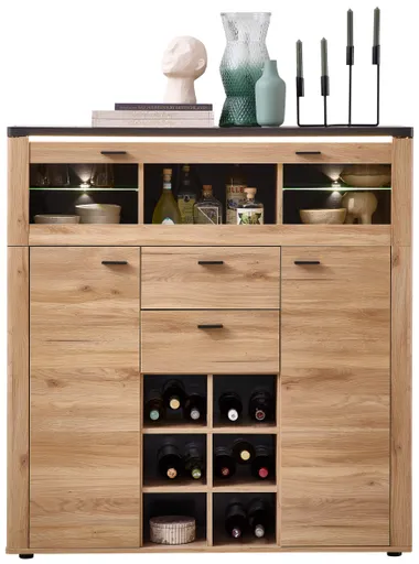 Highboard - mit Beleuchtung, B ca. 128 cm, Eiche Nachbildung, Eiche dunkel Nachbildung