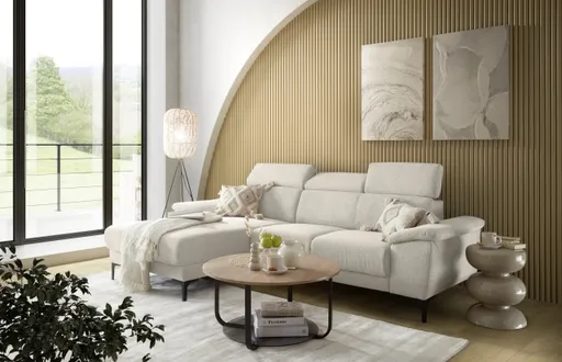 Ecksofa EZRA - Ecke links, 2-Sitzer inkl. Kopfteilverstellungen, Relaxfunktion im Longchair, Stoff, Beige