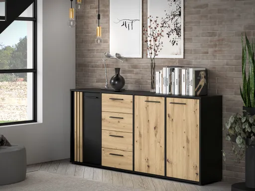 Sideboard FLORISS- Schwarz, Eiche Dekor