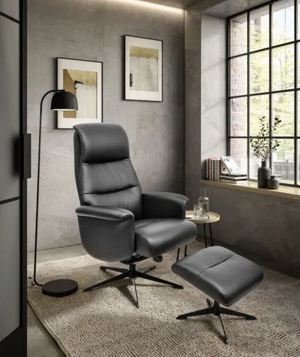 TV-Sessel MENNIS mit Hocker - drehbar, Relaxfunktion, Kopfteilverstellung, Leder, Schwarz