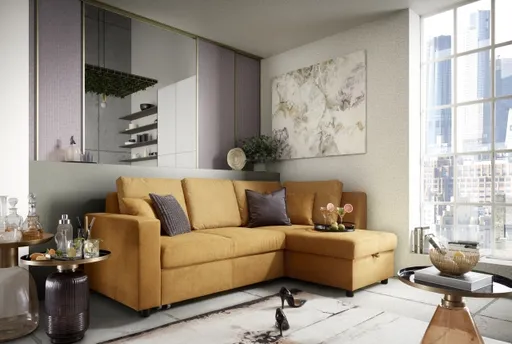 Ecksofa PRO FLEXX - 2-Sitzer, Ecke rechts inkl. Schlaffunktion und Bettkasten, Stoff, Senfgelb
