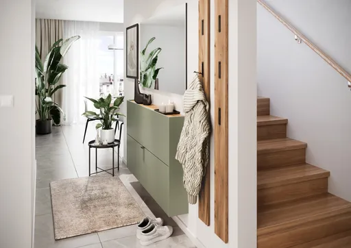 Schuhschrank GIANNA - B ca. 140 cm, Taupegrün, Navarra Eiche Nachbildung