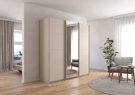 Schwebetürenschrank RIVASA- B ca. 203 cm, Champagner, Spiegel