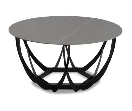 Couchtisch - Ø/H ca. 80x40 cm, Hellgrau marmoriert, Schwarz