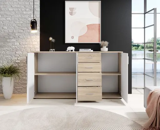 Kommode - B ca. 160 cm, Sonoma Eiche Nachbildung, Weiß