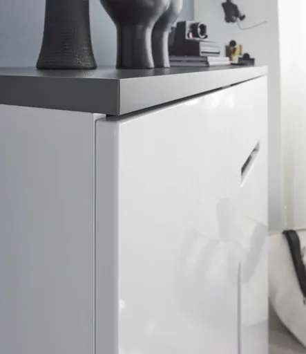 Kommode - B ca. 88 cm, Weiß, Weiß Hochglanz, Anthrazit