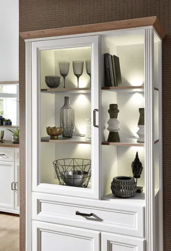 Vitrine - mit Beleuchtung, Weiß, Eiche Dekor