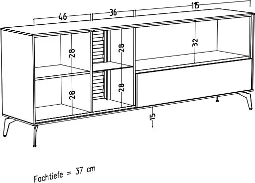 Lowboard - B ca. 207 cm, Weiß, Asteiche, Schwarz