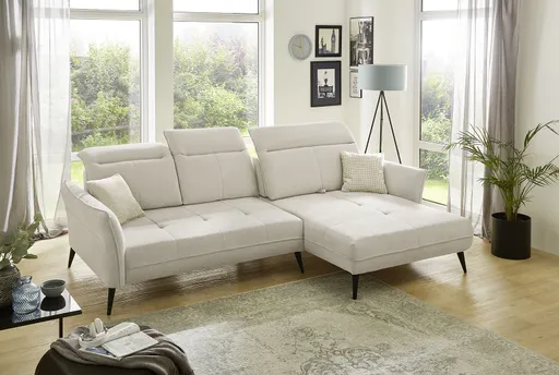 Ecksofa - 2-Sitzer, Kopfteil/Sitztiefe verstellbar (manuell), Microvelours, Beige