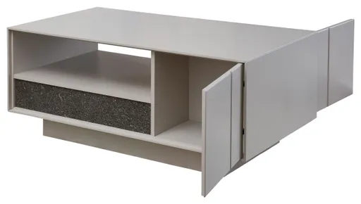 Couchtisch - mit Schubkasten, LBH ca. 110x60x45 cm, Creme Lack, Absetzung: Granit Steinfurnier