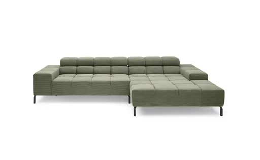 Ecksofa CLIVIA -  2-Sitzer mit Longchair rechts, Sitzvorzug motorisch, Kopfteil verstellbar, Feincord, Olive