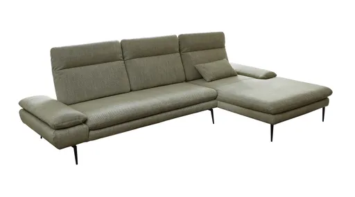 Ecksofa - 2,5-Sitzer mit Longchair rechts, Kopfteil/Sitztiefe verstellbar (manuell), Flachgewebe, Olive 