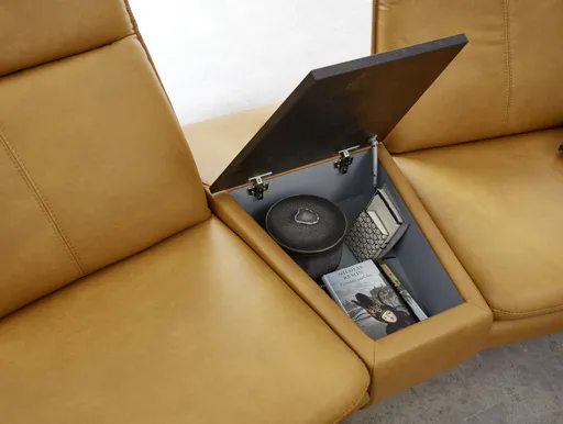 Sofa San Andreas - 3-Sitzer mit Tisch, Kopfteil/Rückenlehne/Armlehne verstellbar, Leder, Kurkuma