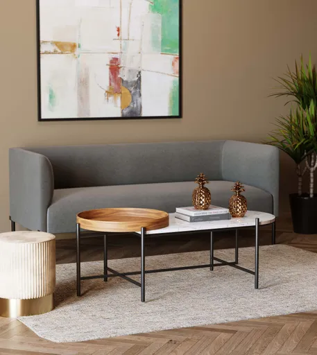 Couchtisch- LB ca. 129x54 cm, Marmoroptik, Weiß, Esche Dekor, Stahl, Schwarz lackiert
