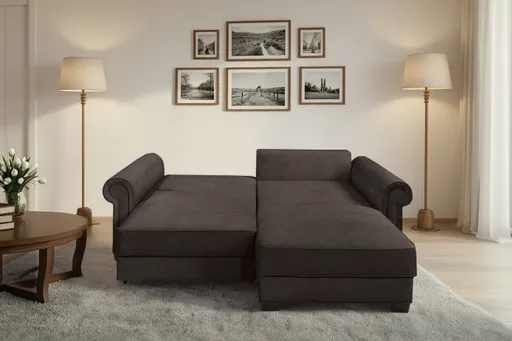  Ecksofa - Sofa 2-Sitzer mit Longchair rechts, Schlaffunktion mit Bettkasten, Stoff, Espresso