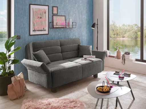  Faltsofa Easy - 2-Sitzer, ca. 140 cm inkl. Schlaffunktion/Topper/Armteil verstellbar, Stoff, Dunkelgrau