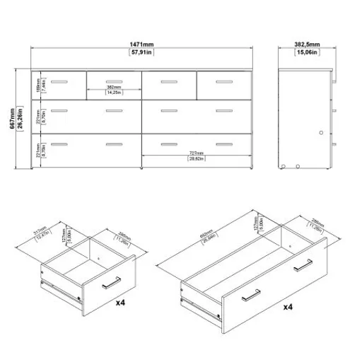 Kommode - B ca. 147 cm, Eiche Struktur Nachbildung, Weiß