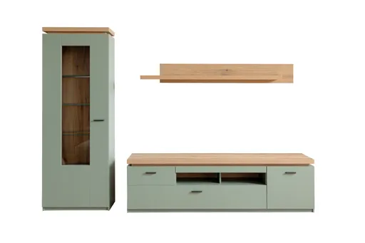 TV-Lowboard - mit Beleuchtung, B ca. 195 cm, Salbeigrün, Eiche Evoke Nachbildung