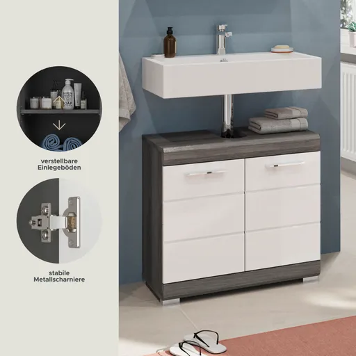 Waschbeckenunterschrank - B ca. 60 cm, Rauchsilber, Weiß Hochglanz