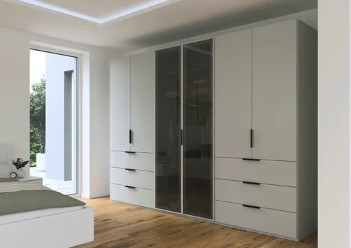 Drehtürenschrank - B. ca. 300 cm, Seidengrau Dekor, Glasrahmentüren Schwarz