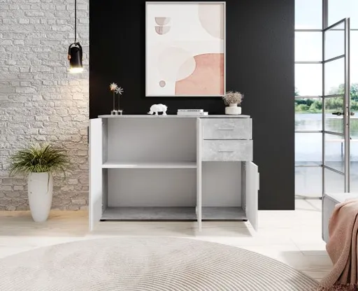 Kommode - B ca. 120 cm, Betonoptik, Weiß
