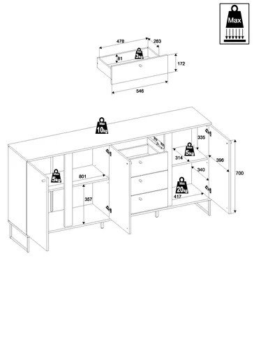 Sideboard - B ca. 180 cm, Anthrazit, Evoke Eiche Nachbildung
