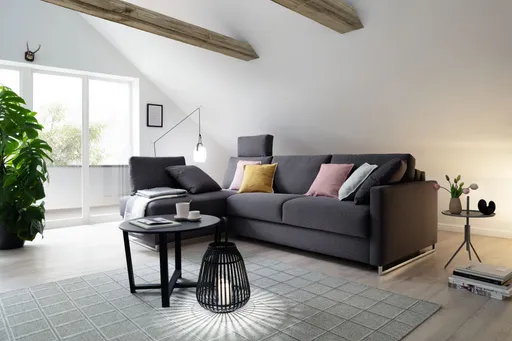 Ecksofa Nuoro - Longchair links mit 2-Sitzer inkl. Schlaffunktion und Bettkasten, Stoff, Grau