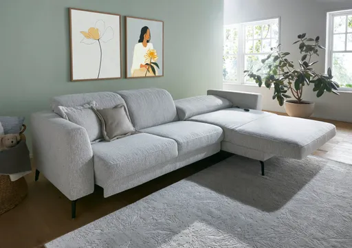Ecksofa Rafaela 2.0 - 2,5-Sitzer mit Longchair rechts inkl. Sitzvorzug, Kopteilverstellung motorisch und Relaxfunktion motorisch im Longchair, Stoff, Champagner