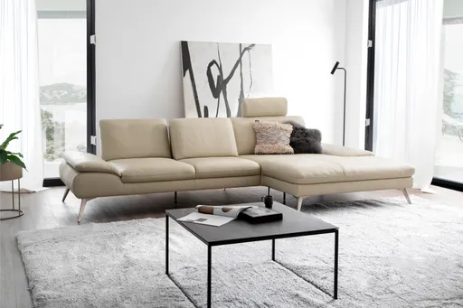 Ecksofa Collina - 2,5-Sitzer, Longchair rechts, inklusive Kopfstütze, Leder, Ecru