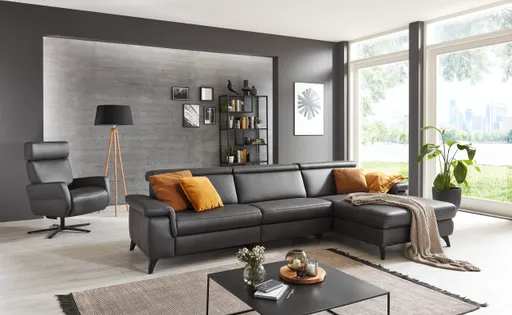 Ecksofa - 2-Sitzer mit Longchair rechts, Leder, Anthrazit