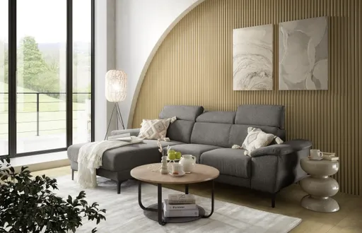 Ecksofa EZRA - Ecke links, 2-Sitzer inkl. Kopfteilverstellungen, Relaxfunktion im Longchair, Stoff, Braun