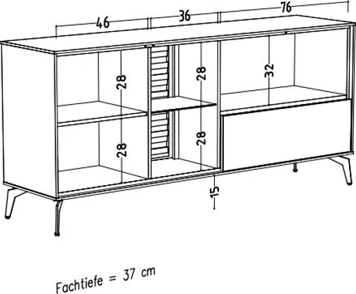 Lowboard - B ca. 169 cm, Weiß, Asteiche, Schwarz